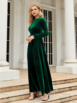 Tie Front Round Neck Long Sleeve Maxi Dress